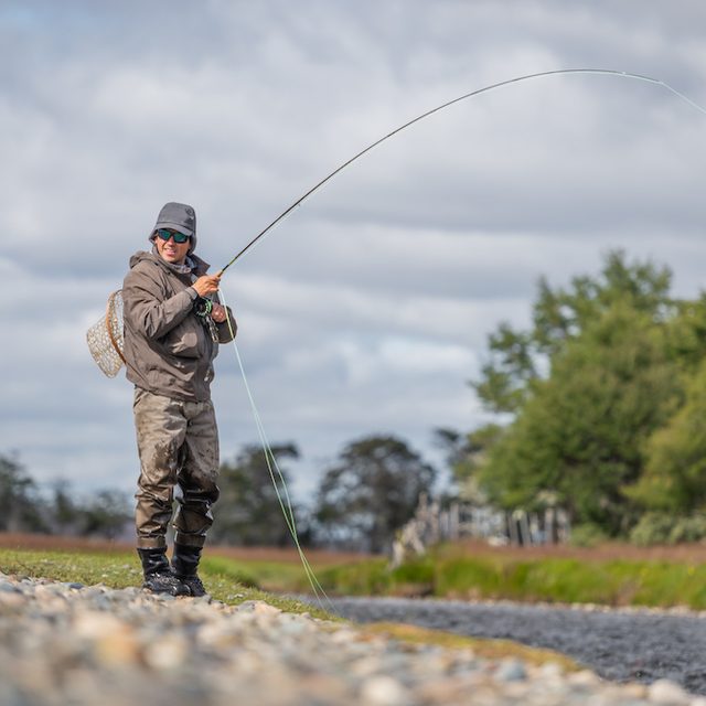 Angler casting on a Patagonian river